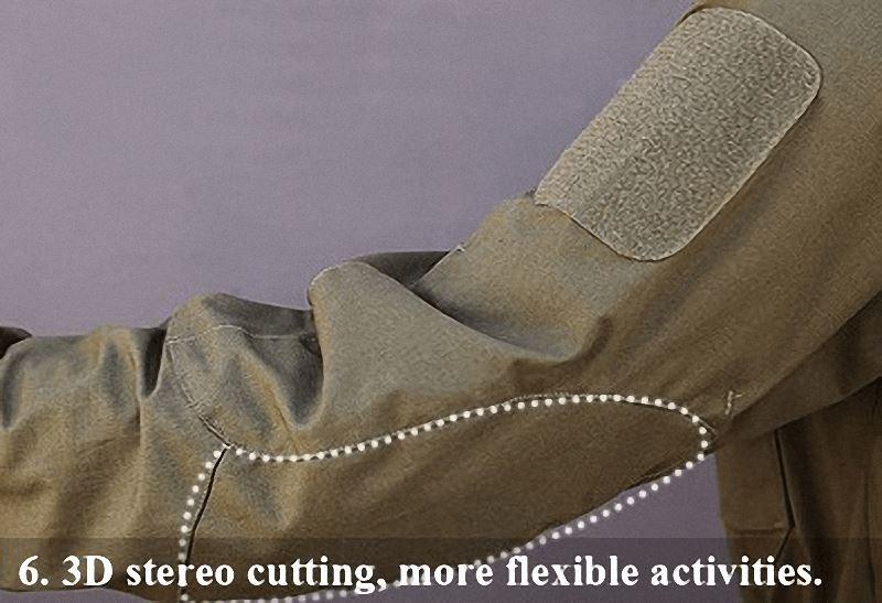 Close-up of the arm of a tactical military jacket highlighting 3D stereo cutting for enhanced flexibility and movement.