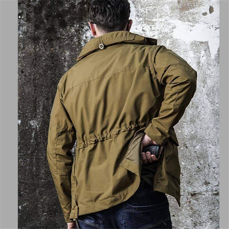Men's military jacket with hood and elastic waist, perfect for tactical wear or casual outings.