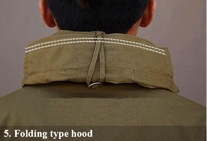 Men's military jacket with a folding type hood, showcasing its stylish and functional design.