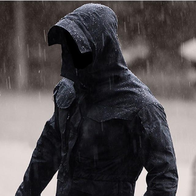 Men's waterproof military jacket with hood, perfect for tactical and casual wear in the rain.