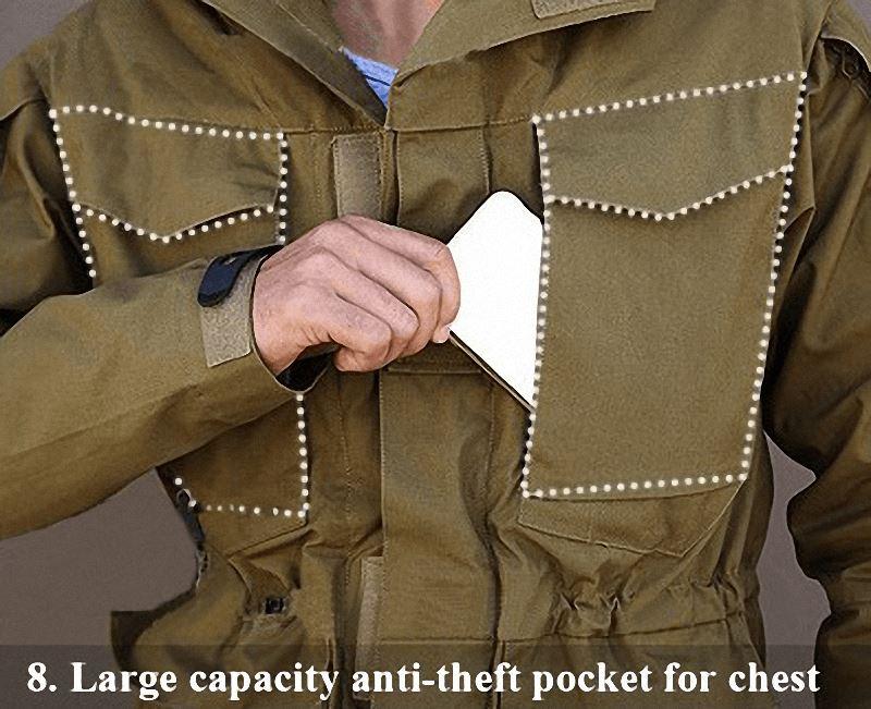 Man demonstrating large capacity anti-theft pocket in military jacket, perfect for secure storage while on the move.