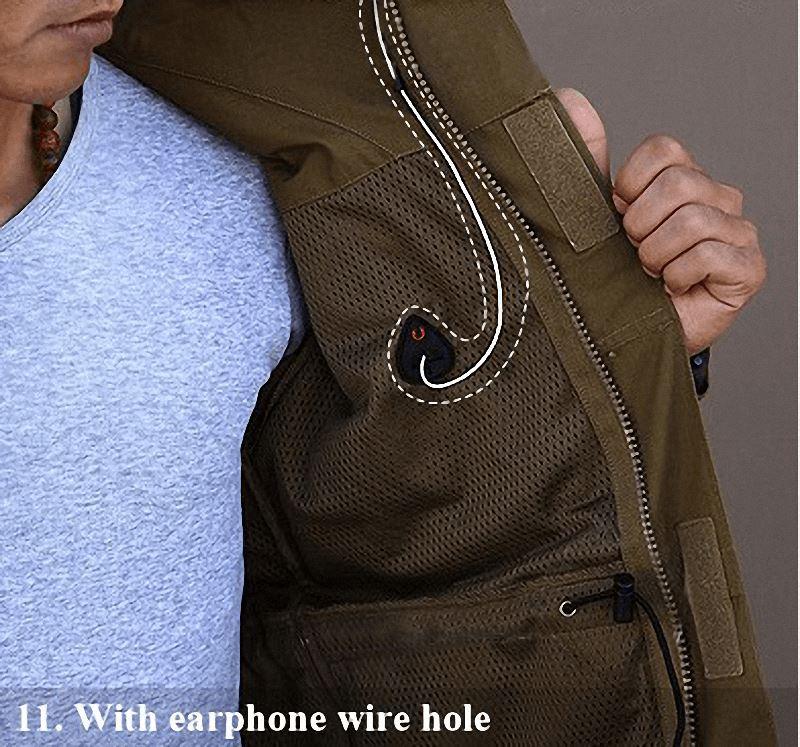 Close-up of military jacket interior showing earphone wire hole and breathable mesh lining.