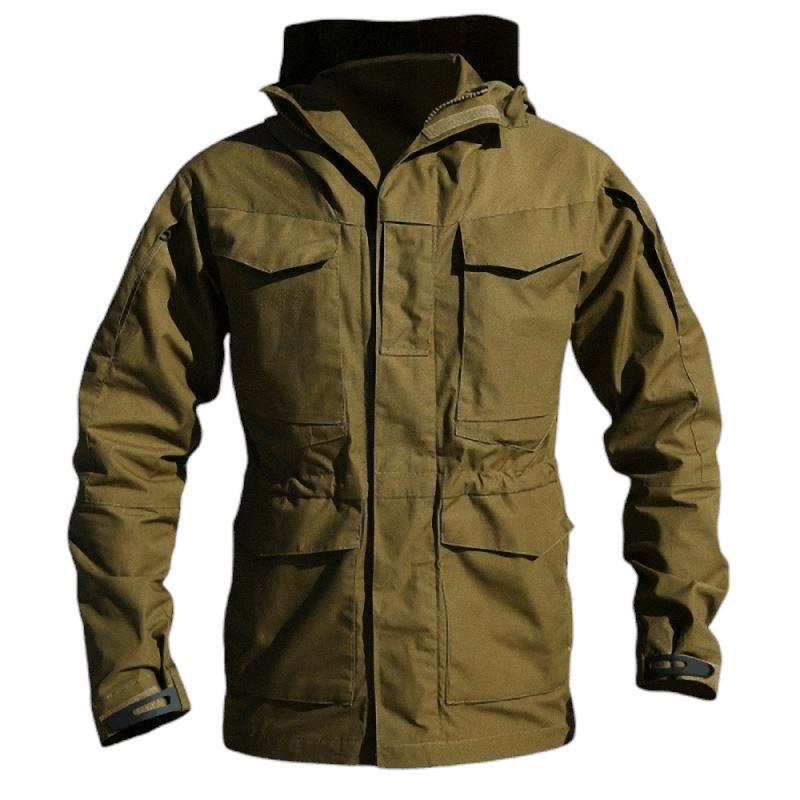 Men's military tactical jacket, water-repellent, with hood, pockets, and zipper. Perfect for outdoor activities and casual wear.