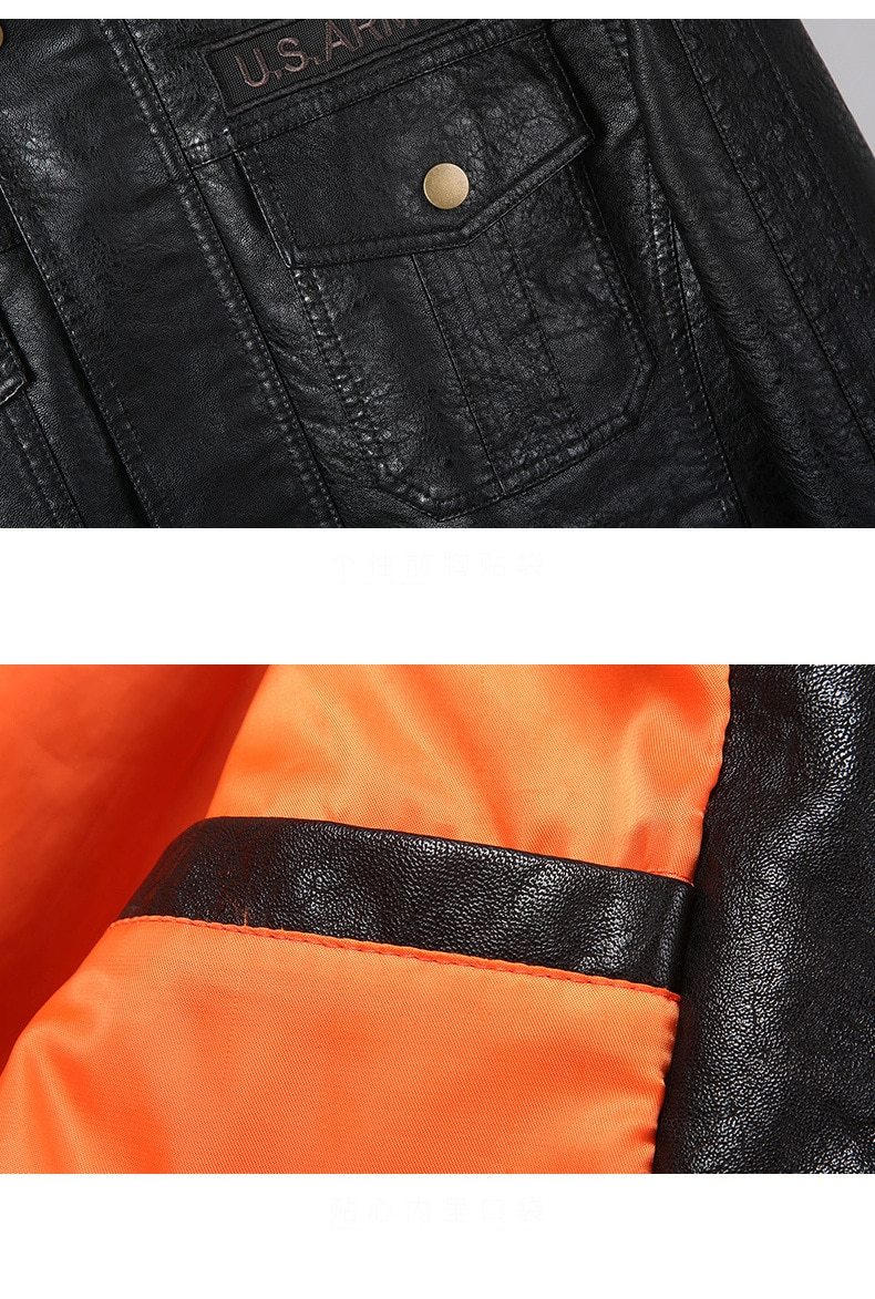 Close-up of army leather jacket showing textured exterior and bright orange lining, featuring U.S. Army label and pockets.