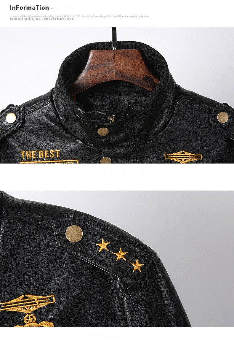 Close-up of a black army leather jacket showcasing zippers, gold buttons, and star shoulder straps for a stylish military look.