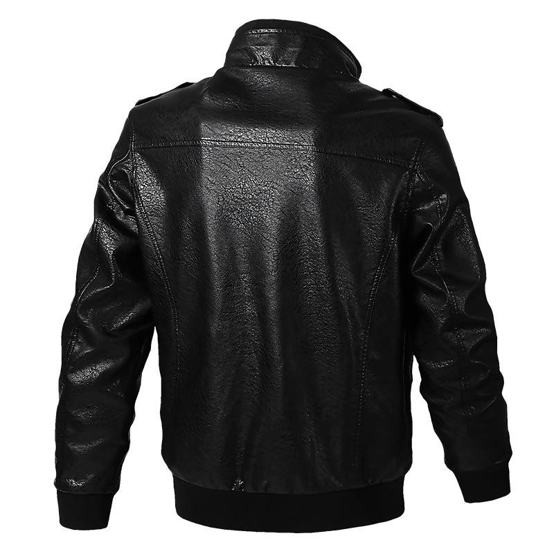 Back view of a stylish black army leather jacket with shoulder straps and a classic zipper design.