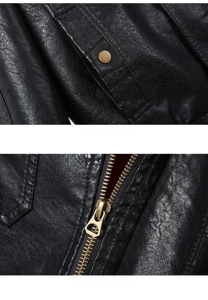 Close-up of an army leather jacket showing brass zipper and button details, highlighting its rugged design.