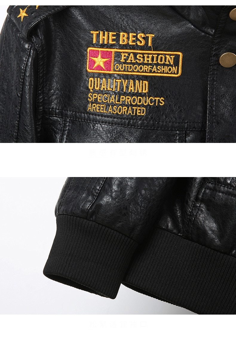 Close-up of army leather jacket with embroidered text and shoulder stars, showcasing unique style and quality craftsmanship.