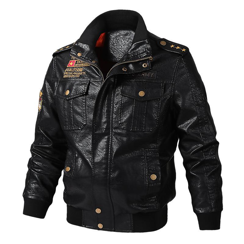 Army leather bomber jacket with zippers and shoulder straps, perfect for a stylish rock outfit.