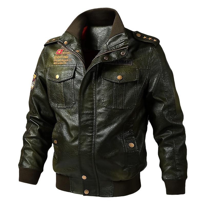 Stylish army leather jacket with zippers, shoulder straps, and military design for a trendy biker look.