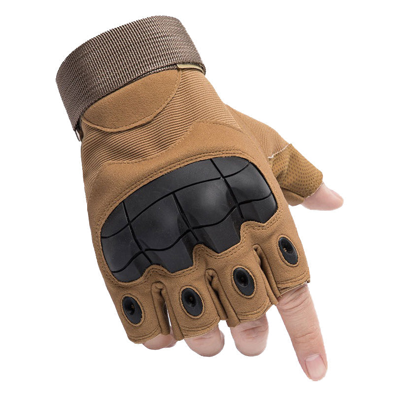 Tactical half-finger gloves with carbon fiber shell for military and sports use, showcasing a practical and durable design.