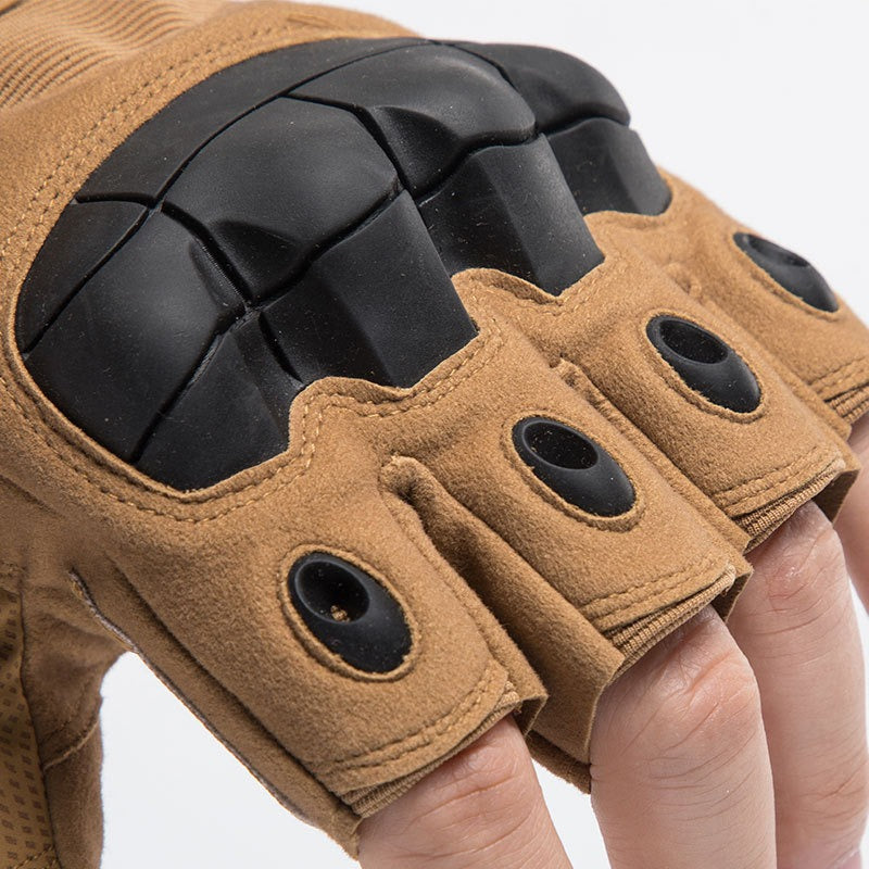 Close-up of army tactical half-finger gloves showcasing anti-slip carbon fiber shell and breathable materials.