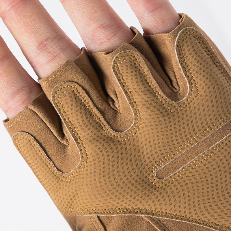 Close-up of army men tactical half finger gloves, showcasing anti-slip design and durable materials for military and sports use.