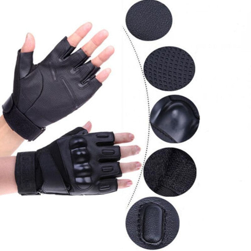 Half finger black tactical gloves with elastic cuff, perfect for outdoor sports and rock festivals.