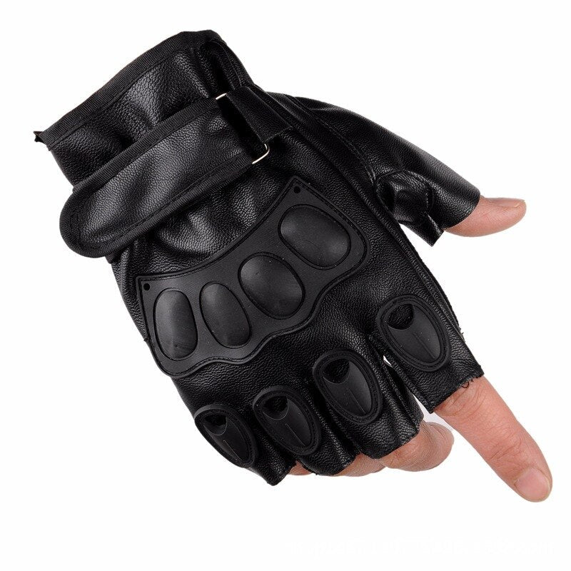 Stylish black half-finger tactical gloves for outdoor sports and motorcycling, featuring a wear-resistant palm.