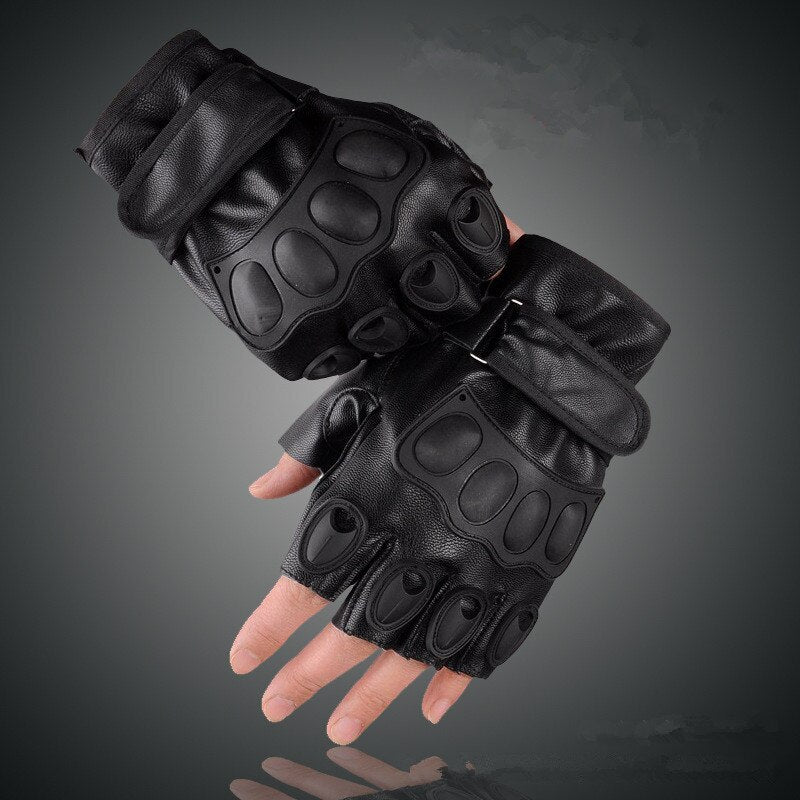 Army tactical gloves in black PU leather, designed for outdoor sports and motorcycle use, featuring a half-finger style.
