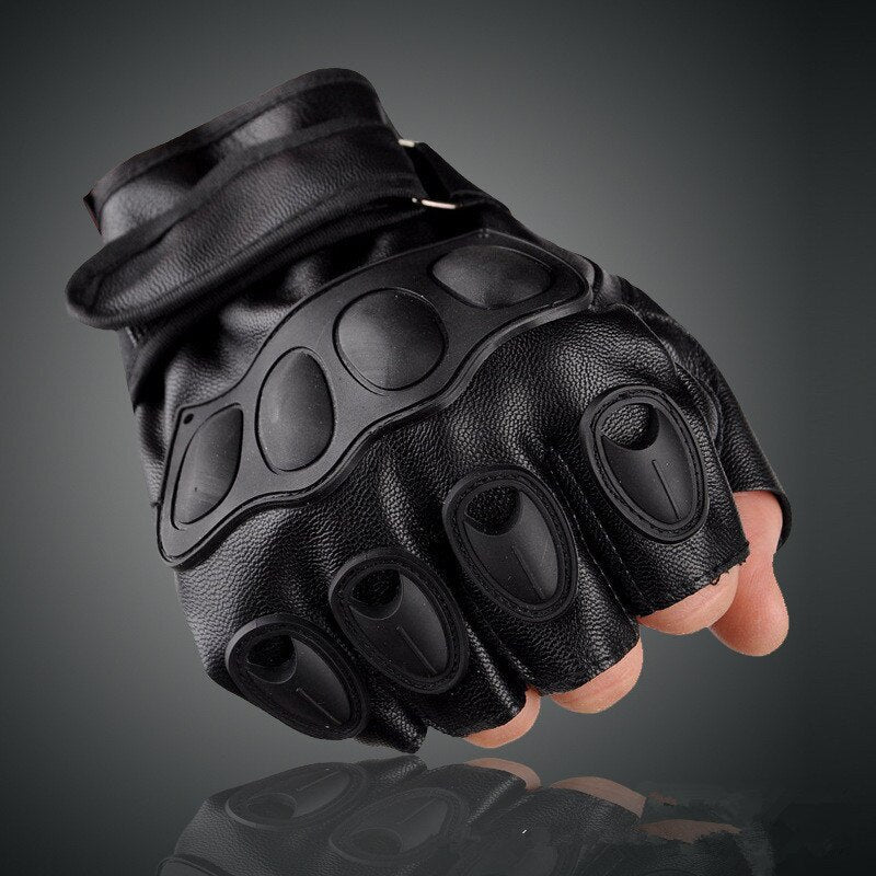 Stylish black half finger tactical gloves with padded knuckles for outdoor sports and motorcycle riding.