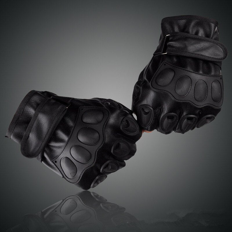 Stylish black half finger tactical gloves with padded knuckles, perfect for outdoor sports and motorcycling adventures.