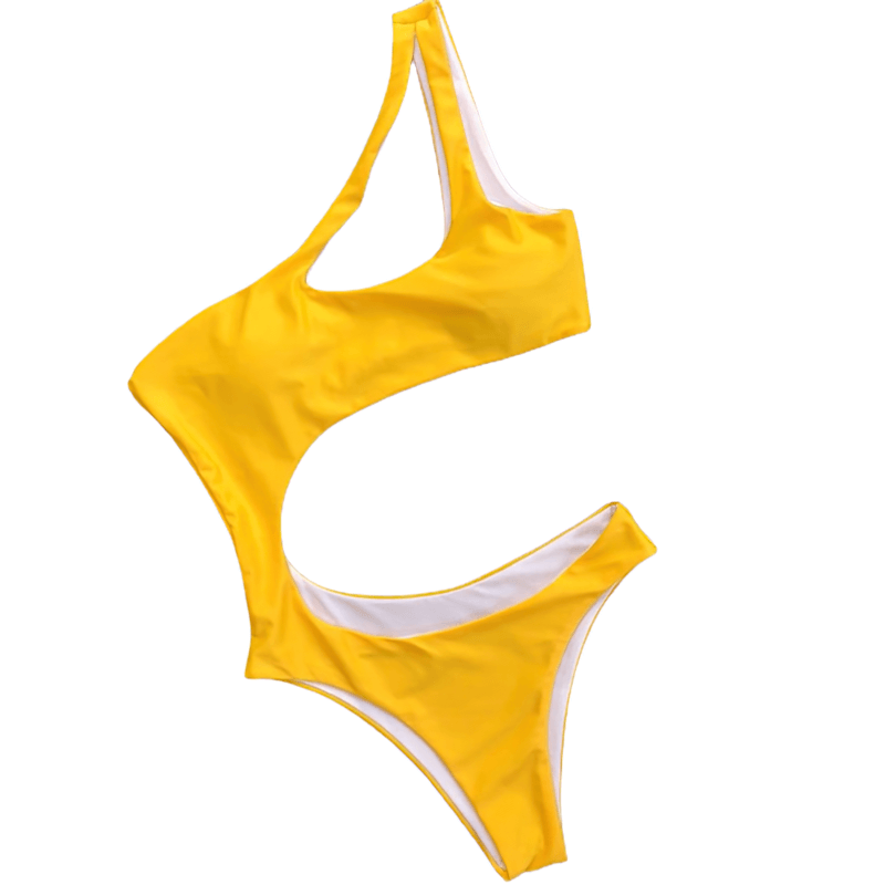 Stylish yellow asymmetrical one-piece swimsuit for women, perfect for summer beach days.