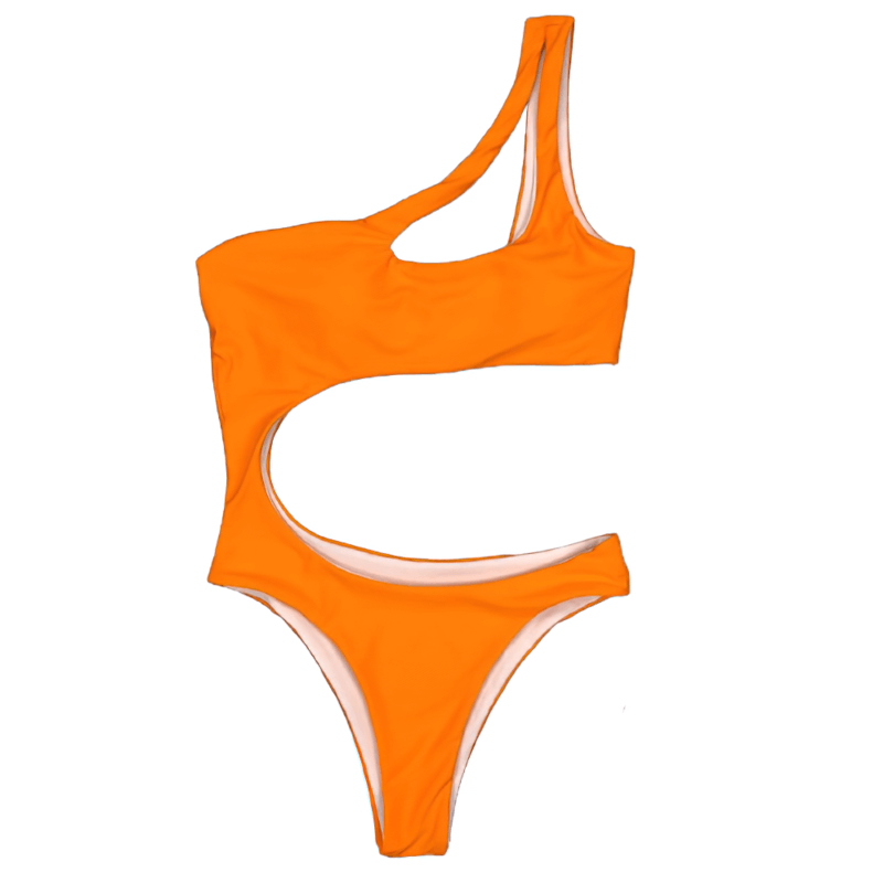 Stylish women's asymmetrical orange one-piece swimsuit with cutout design for trendy beachwear.