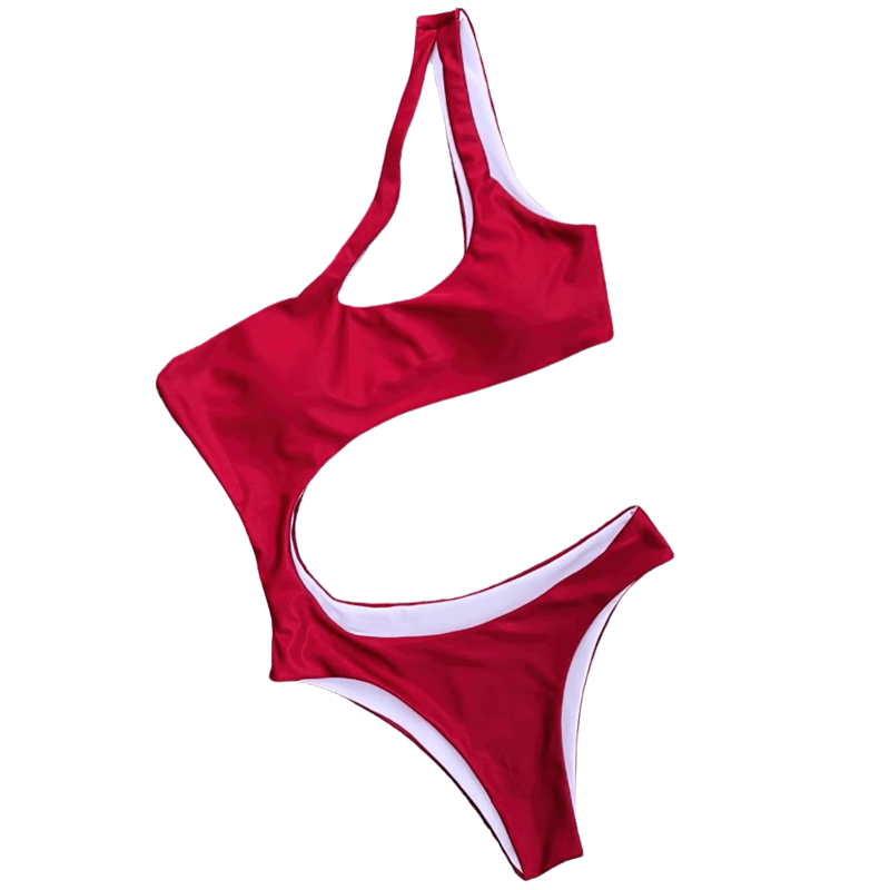 Stylish women's asymmetrical red one-piece swimsuit showcasing a bold design and perfect for summer fun.