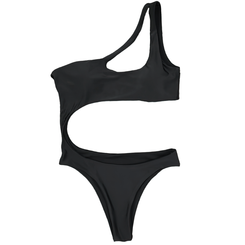 Stylish women's asymmetrical one piece swimsuit in sleek black, perfect for summer beach outings.