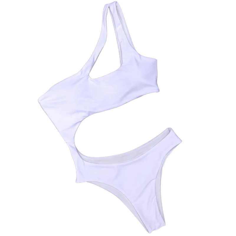 Stylish women's white asymmetric one-piece swimsuit, perfect for casual beach outings.