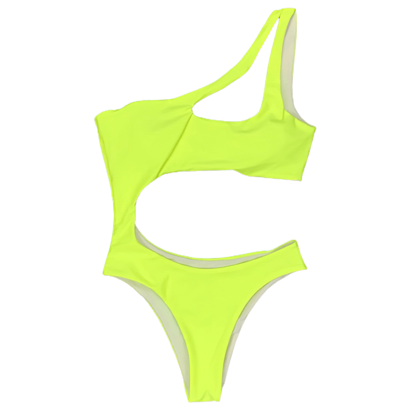 Asymmetrical neon yellow one-piece swimsuit for women, perfect for stylish summer looks.
