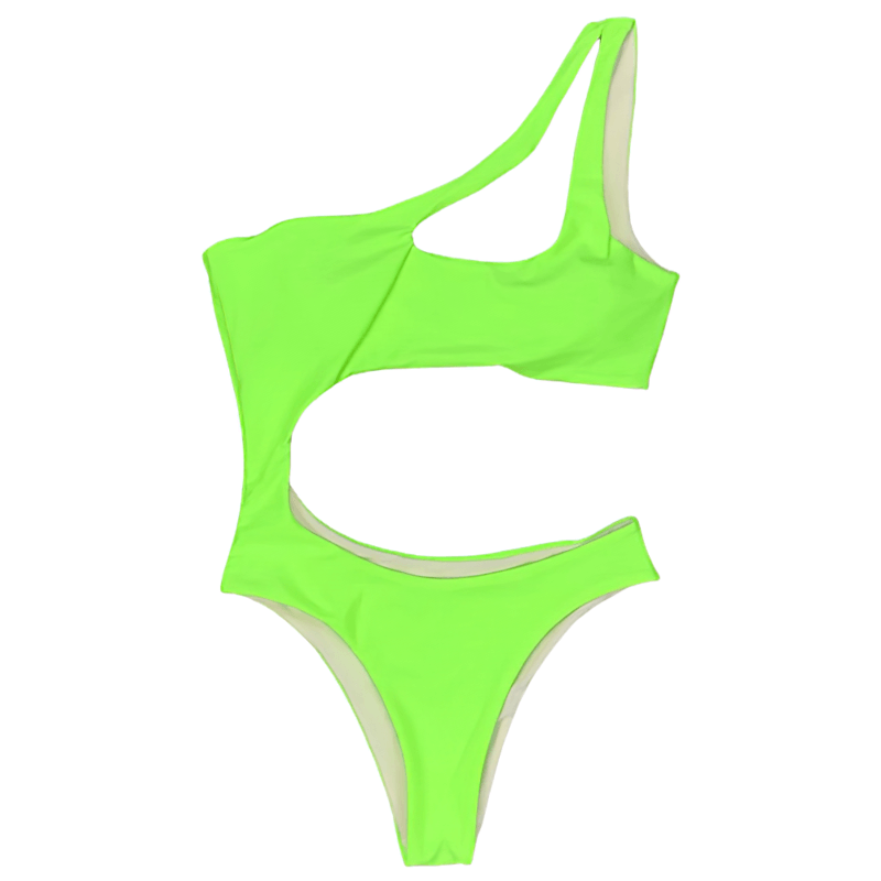 Stylish asymmetrical neon green one-piece swimsuit for women, perfect for summer days at the beach or pool.