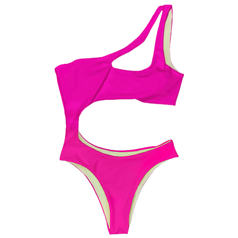 Vibrant pink asymmetrical one-piece bikini for women, perfect for stylish summer beach outings.