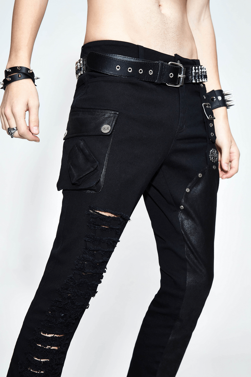 Asymmetric Black Trousers with Pockets / Punk Black Pants with Ripped Effect - HARD'N'HEAVY