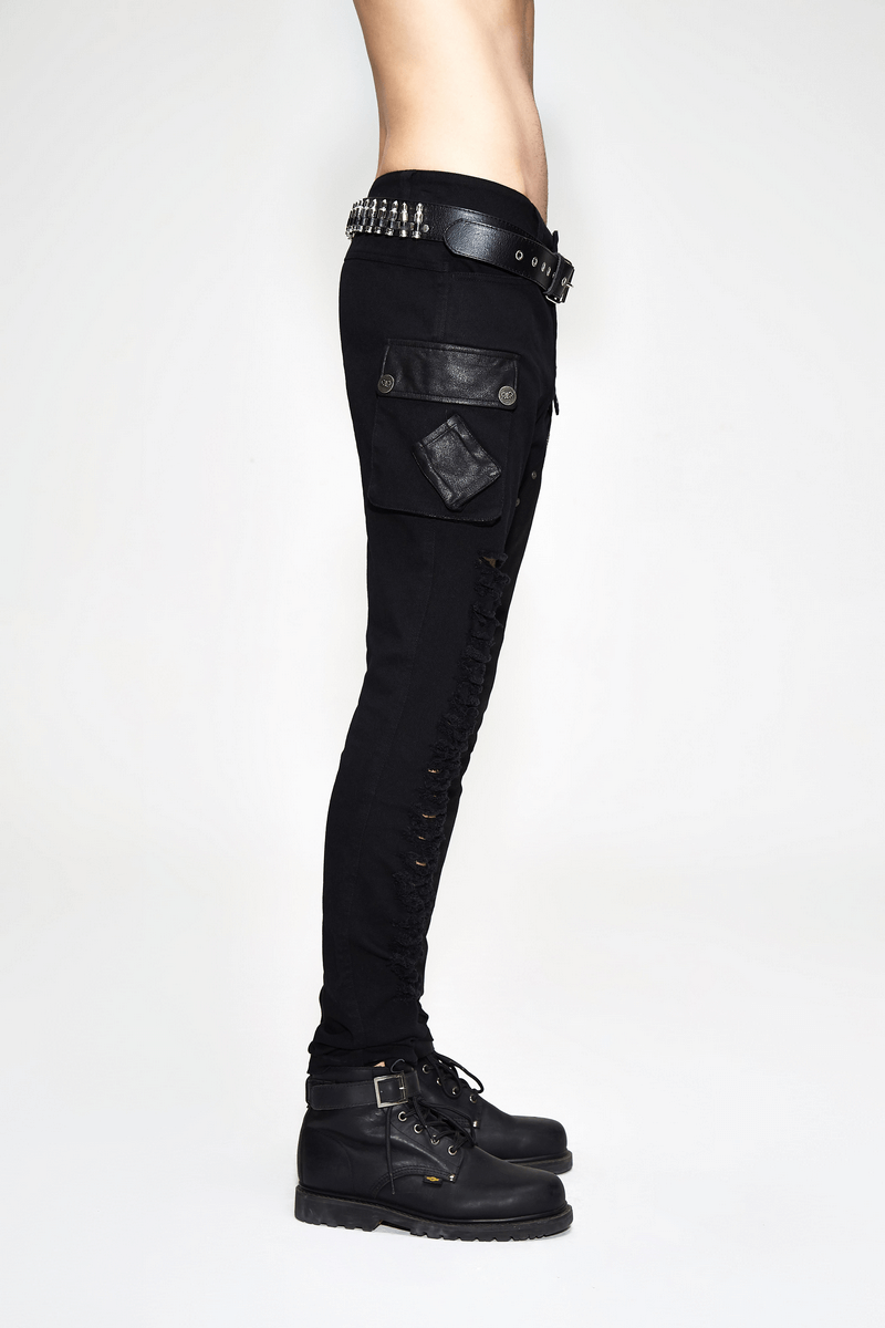 Asymmetric Black Trousers with Pockets / Punk Black Pants with Ripped Effect - HARD'N'HEAVY