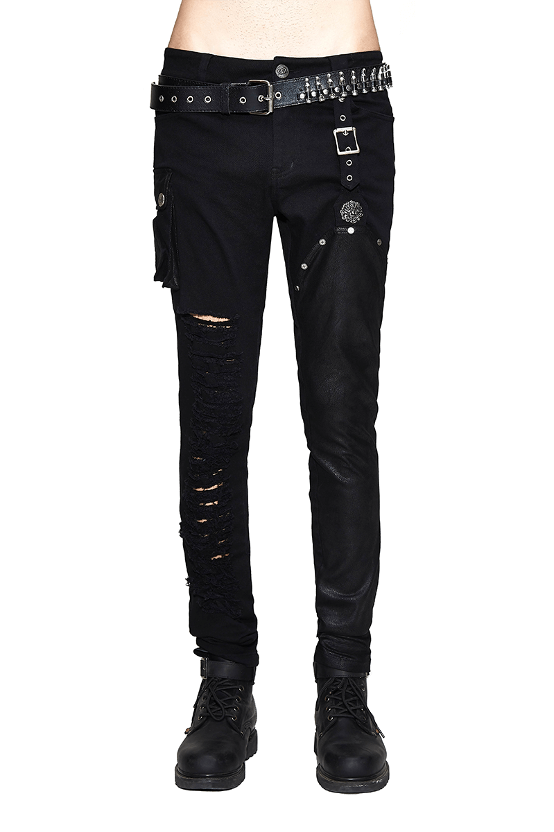 Asymmetric Black Trousers with Pockets / Punk Black Pants with Ripped Effect - HARD'N'HEAVY