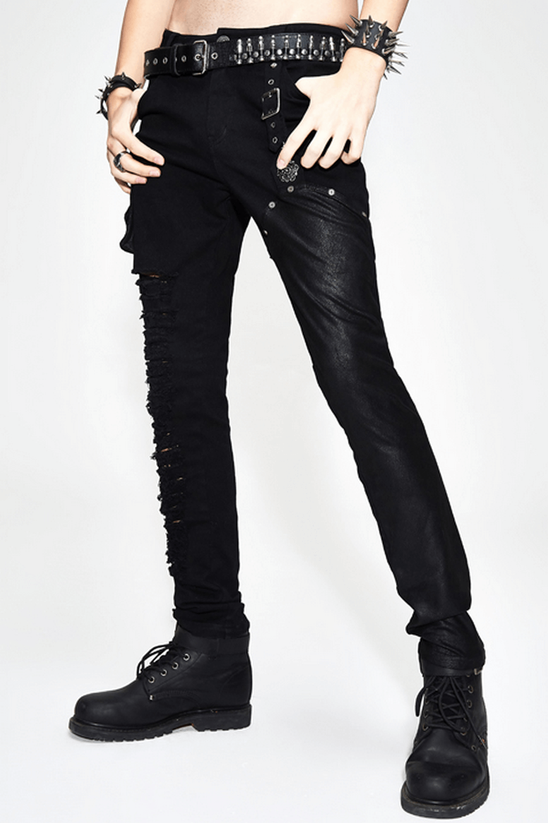 Asymmetric Black Trousers with Pockets / Punk Black Pants with Ripped Effect - HARD'N'HEAVY