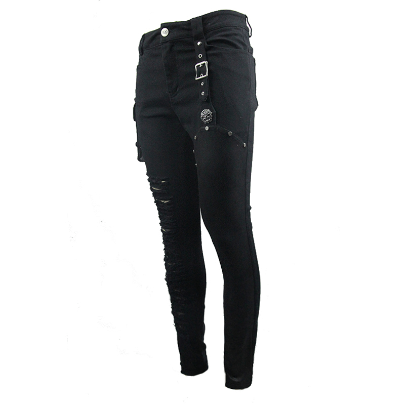 Asymmetric Black Trousers with Pockets / Punk Black Pants with Ripped Effect - HARD'N'HEAVY