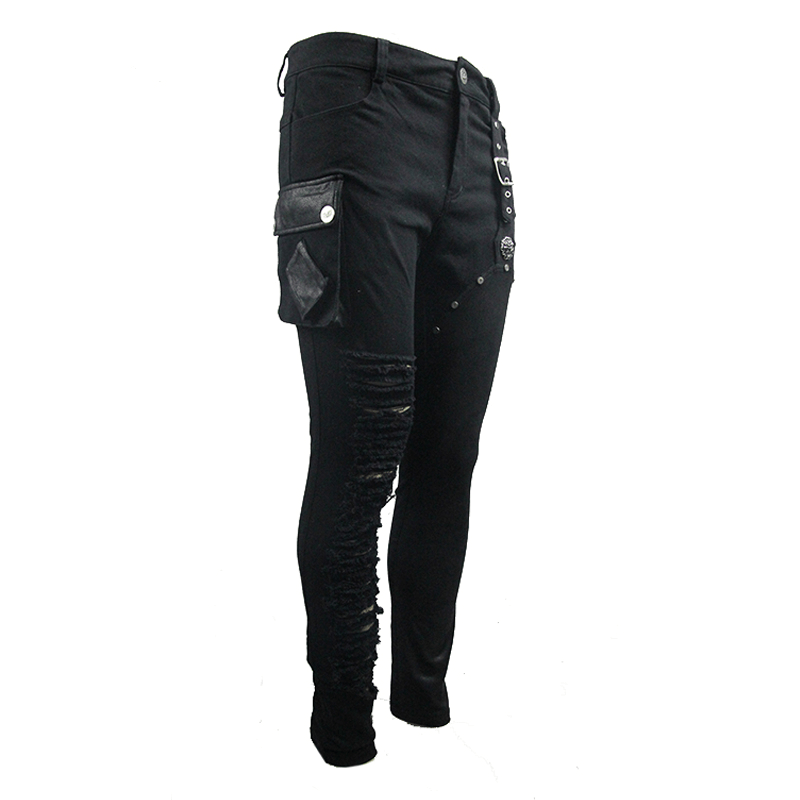 Asymmetric Black Trousers with Pockets / Punk Black Pants with Ripped Effect - HARD'N'HEAVY