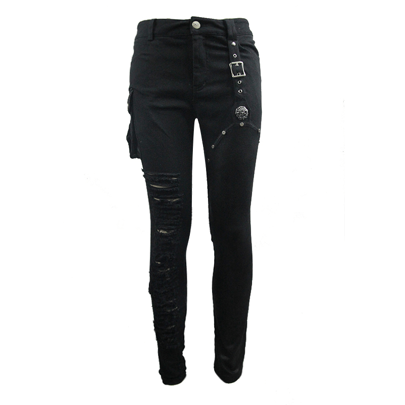 Asymmetric Black Trousers with Pockets / Punk Black Pants with Ripped Effect - HARD'N'HEAVY