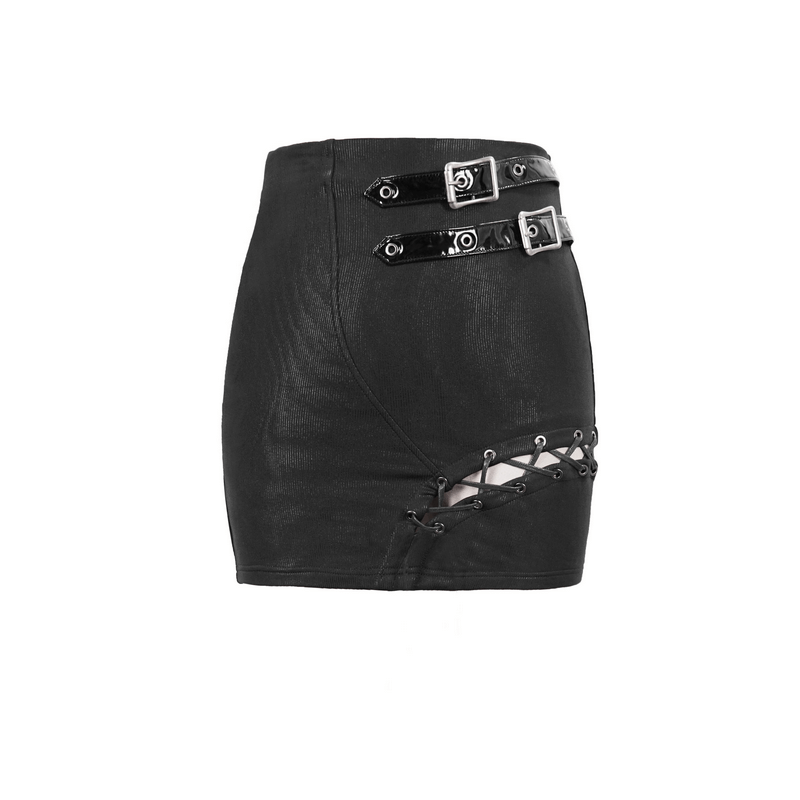Asymmetric black mini skirt for women with buckles and lacing details, perfect for gothic style fashion.