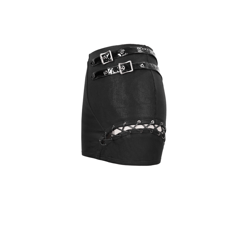 Asymmetric black mini skirt with buckles and lacing, perfect for gothic fashion lovers.