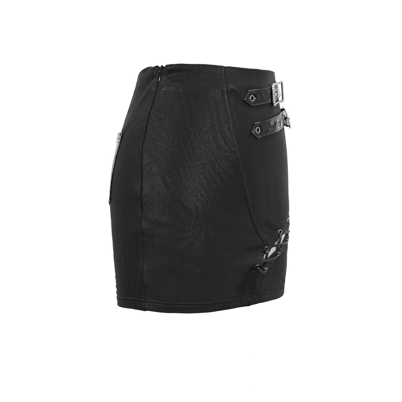 Asymmetric black mini skirt with buckles and lacing detail for a trendy gothic style.