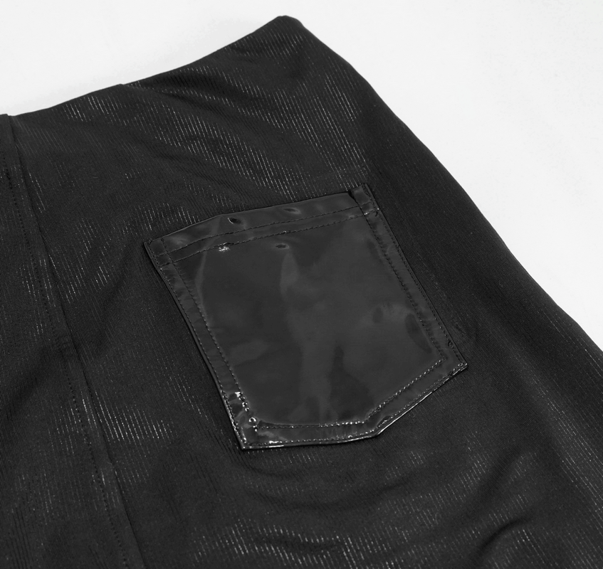 Close-up of black mini skirt back pocket featuring sleek glossy finish and a stylish design for gothic fashion.