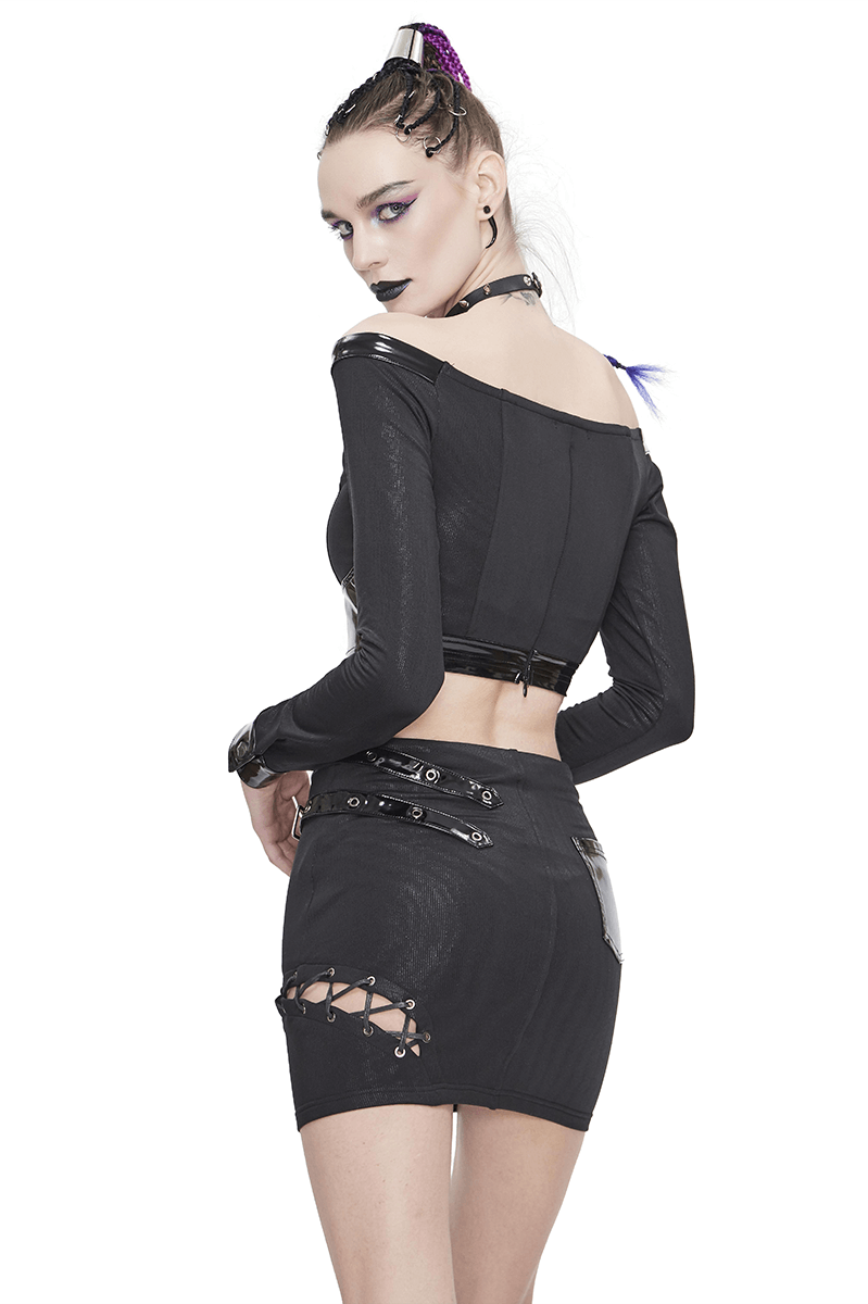 Gothic women's black mini skirt with buckles and lacing, paired with an off-shoulder top for a trendy look.