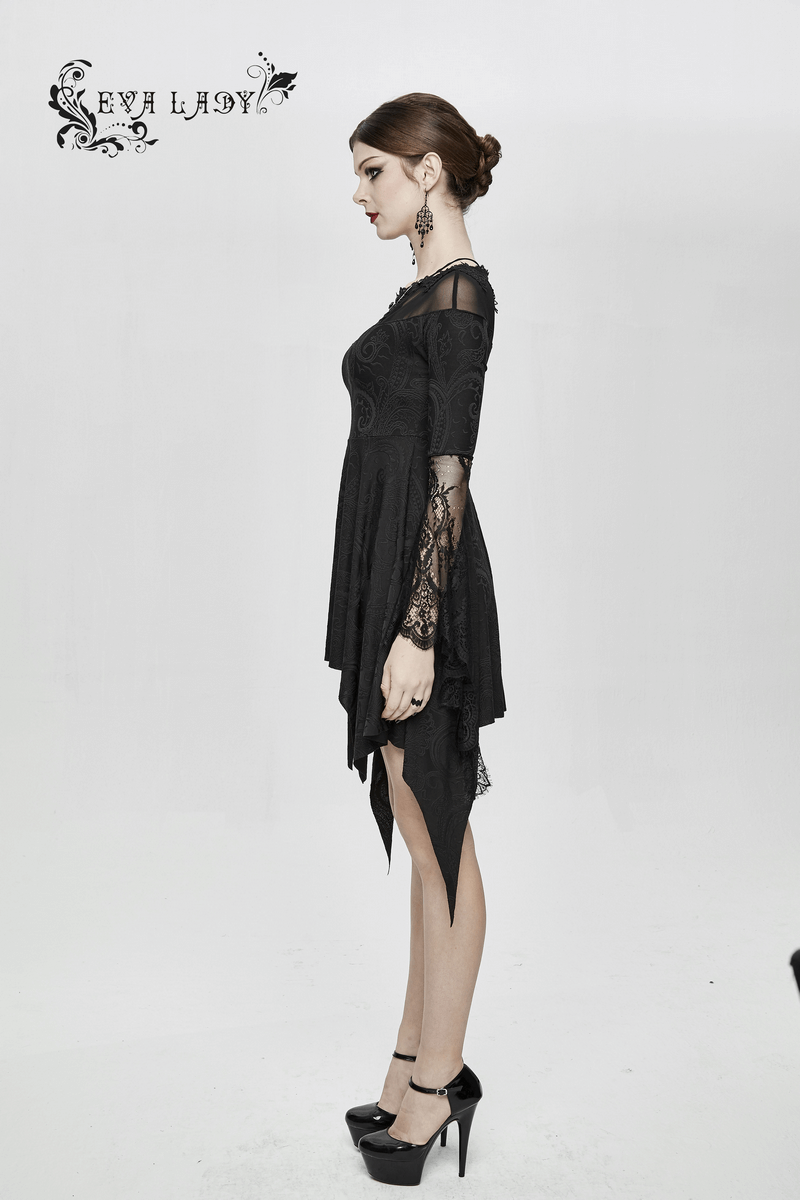 Asymmetrical Gothic Lace Dress with Silver Crosses / Romantic Long Sleeve Fringe Dress - HARD'N'HEAVY