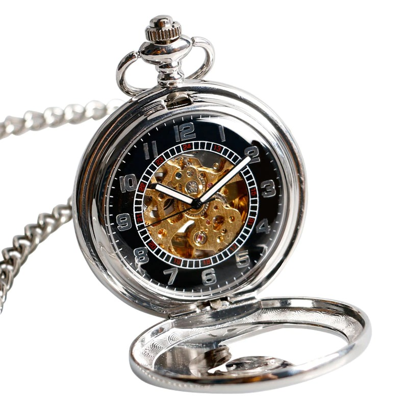 Antique mechanical pocket watch with silver fittings and engraved wing design, perfect for men and women.