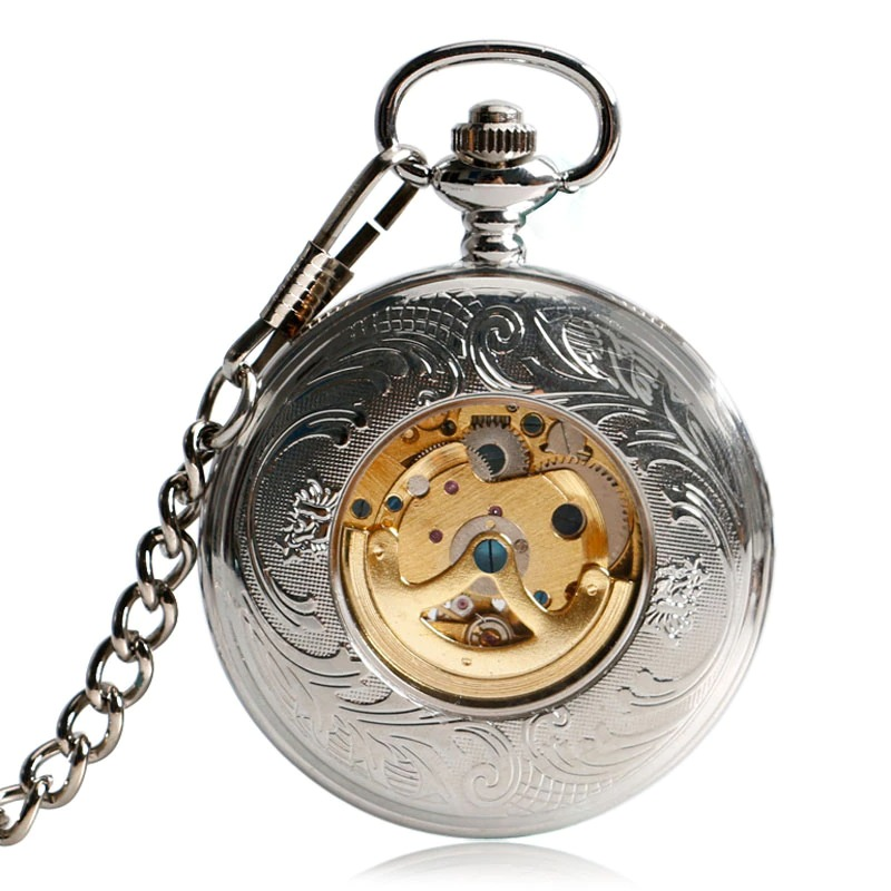 Mechanical pocket watch with engraved wing design and visible golden movement, complete with a stylish silver chain.