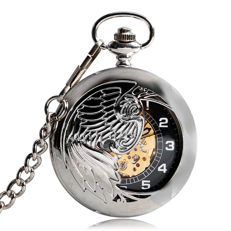 Auto mechanical pocket watch with engraved wing design and silver chain, perfect antique accessory for men and women.