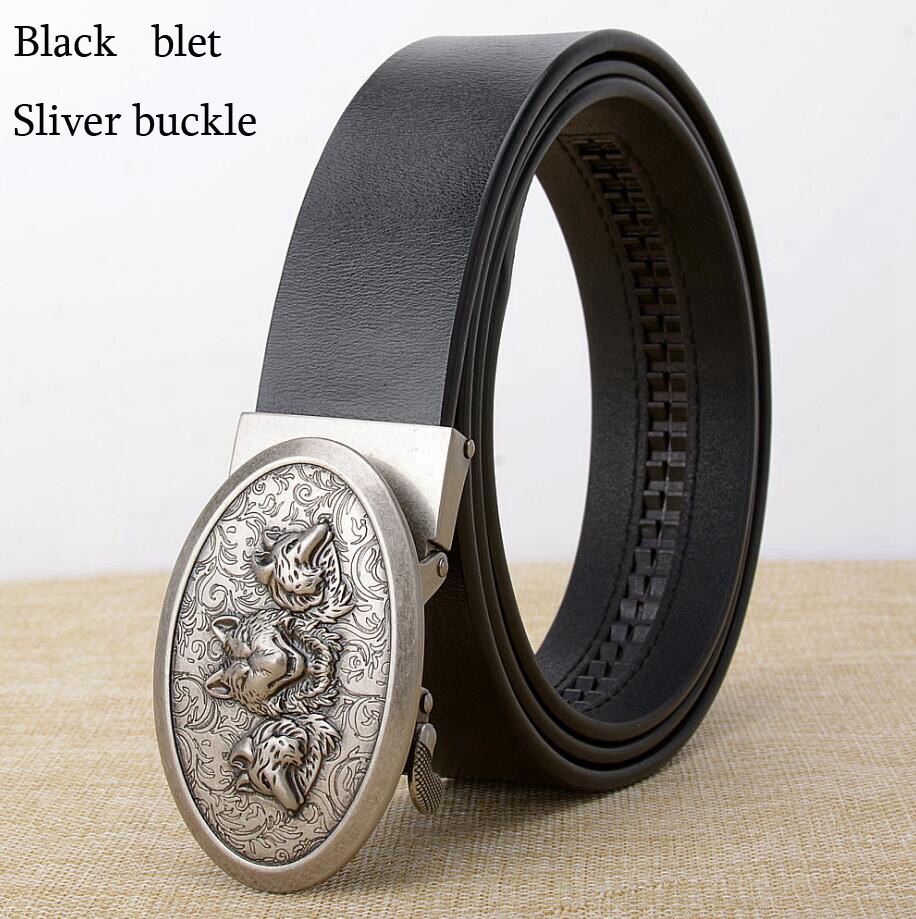 Automatic cowhide leather belt with silver wolf buckle,  stylish and comfortable for men and women.