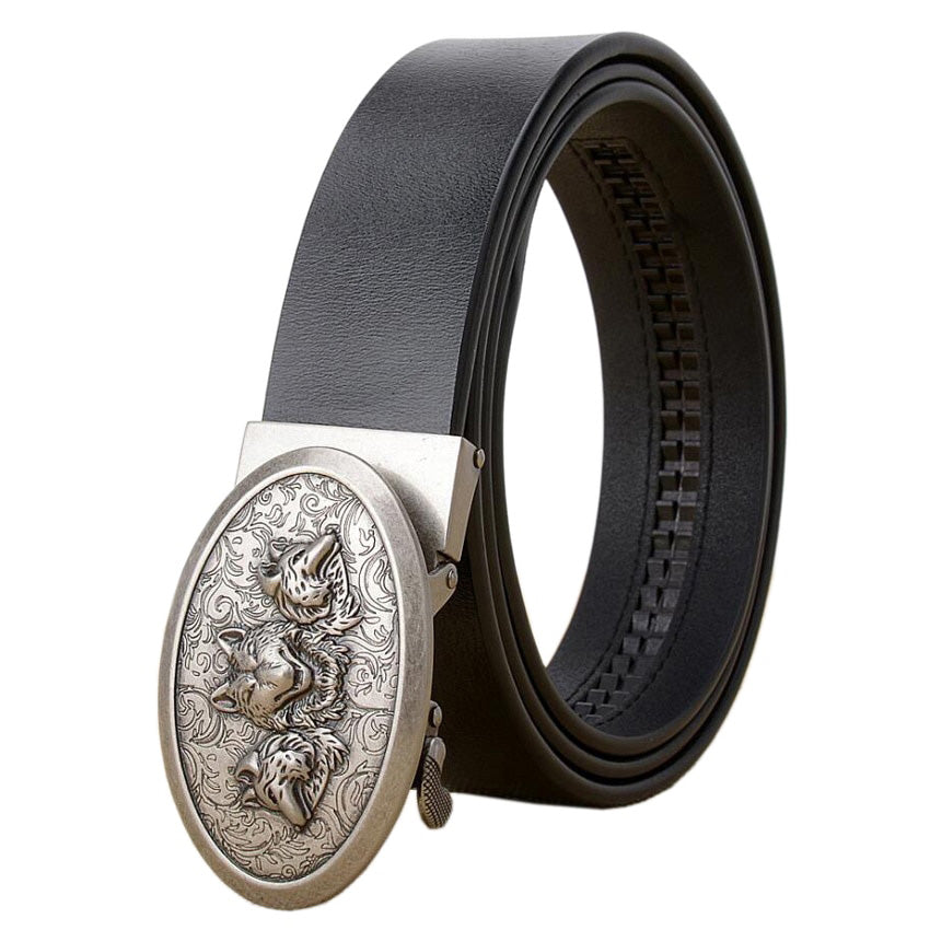 Luxury automatic buckle cowhide leather belt with wolf design, stylish and comfortable for men and women.