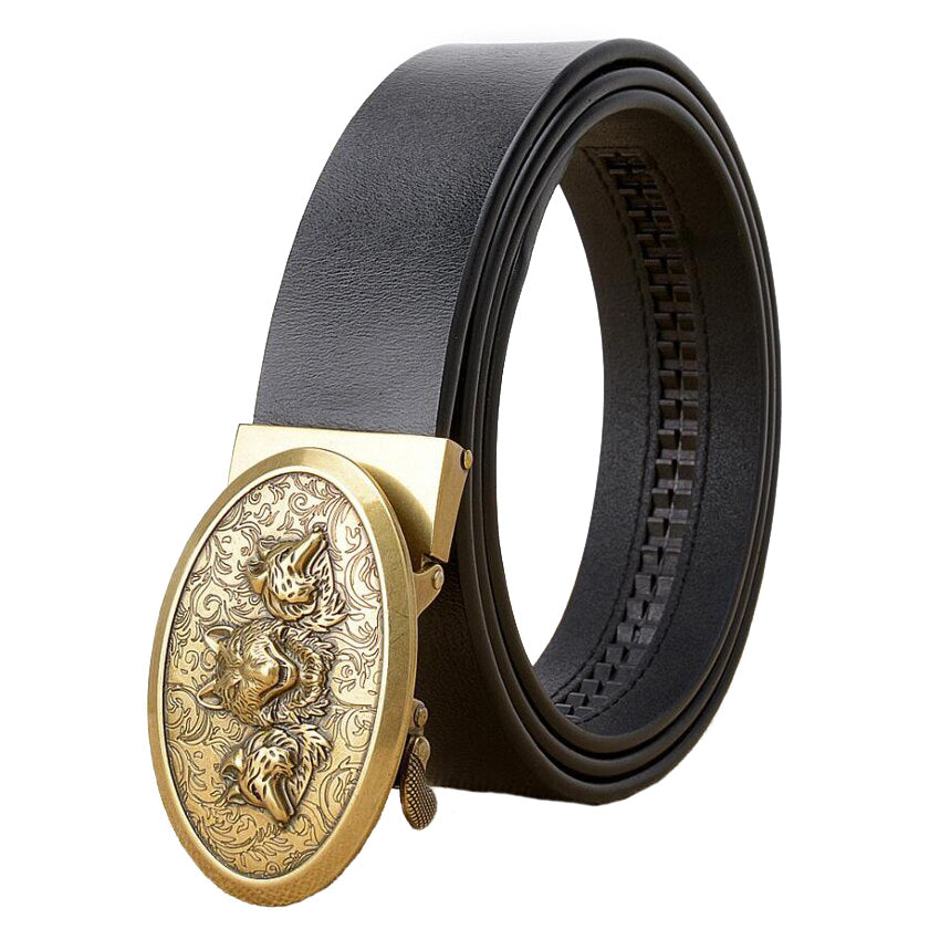 Luxury cowhide leather belt with a golden wolf print buckle, perfect for stylish men and women.