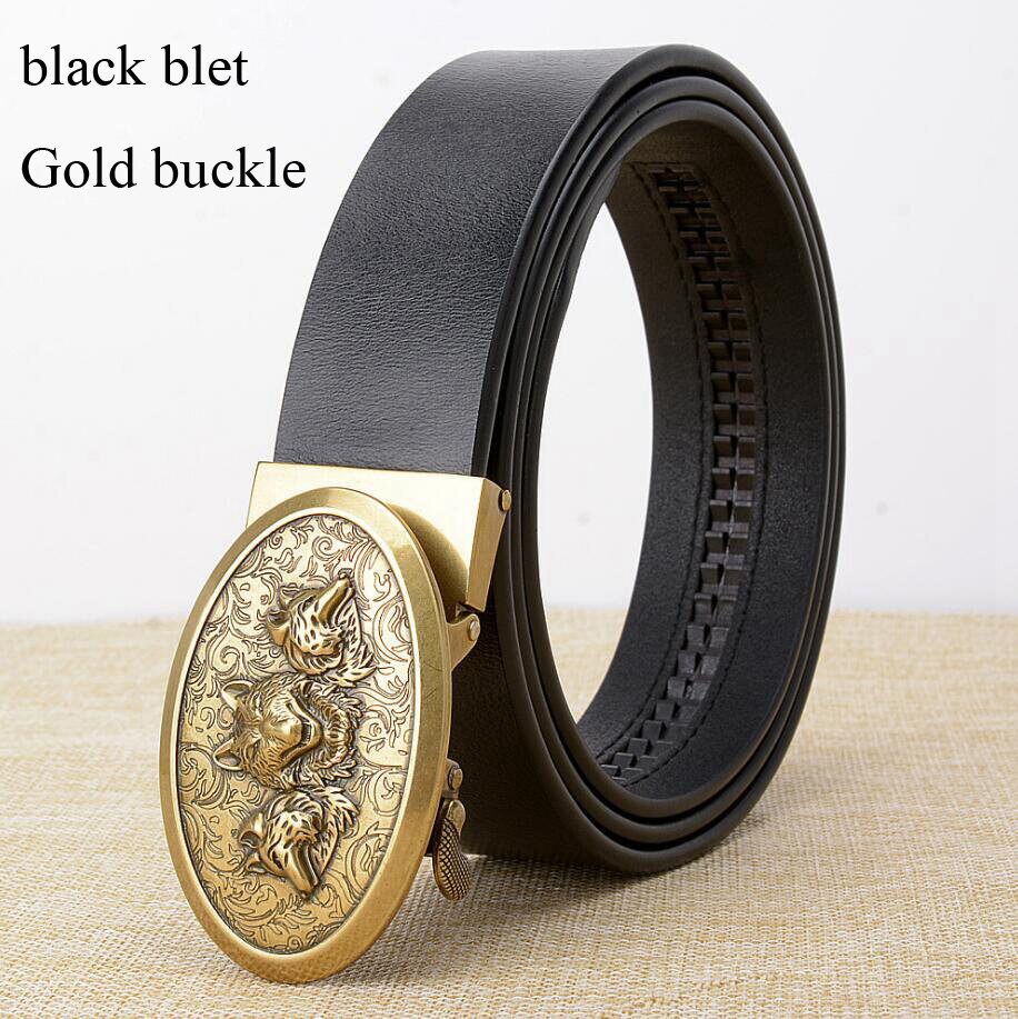 Automatic buckle black leather belt with ornate gold buckle featuring wolf design, stylish and comfortable.